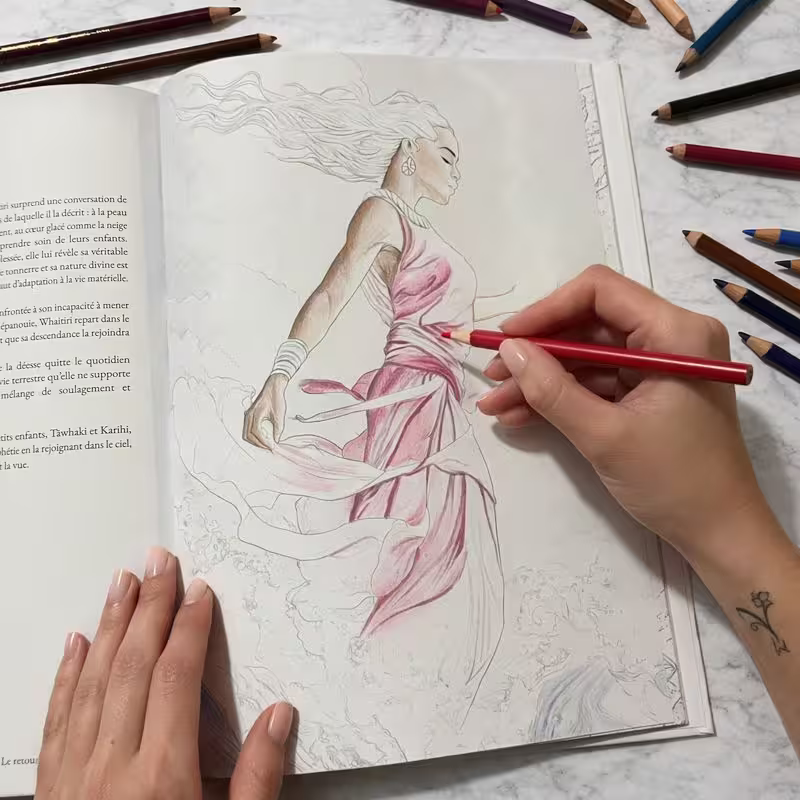 Page de coloriage de la déèsse Maori  Whaitiri en train d'être coloriée au crayon de couleur